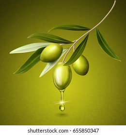 olive fruits and leaves on a branch, isolated green background 3d illustration