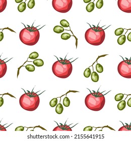 Olive fruits and tomatoes isolated on white background is in Seamless pattern - vector illustration 