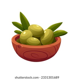 Olive Fruits with Wooden Bowl Isolated on White. Greek Nature Food. Vector Illustration in Cartoon Style.