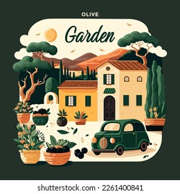 Olive garden with house and car. Vector illustration.