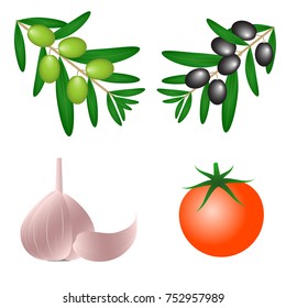 Olive, garlic, tomato set for composition, design of Italian style. Isolated. For registration of recipes, menus. Correct, healthy food.