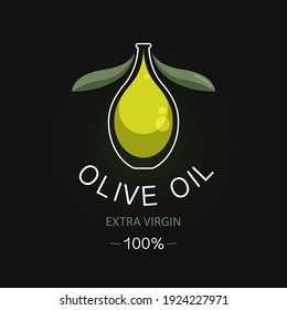 Olive in a glass bottle with green leaves on a black background. Design concept for logos and labels  