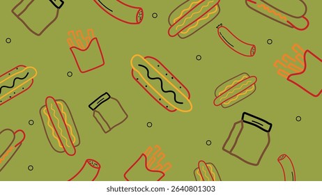 Olive green backdrop with hot dogs, fries, jars, and sausages in vibrant tones. A quirky and retro food-themed composition for creative designs.