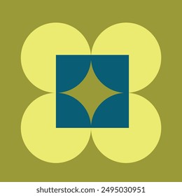 Fondo verde oliva con un diseño geométrico de círculos amarillos y un cuadrado central azul con una estrella abstracta. Ideal para el arte moderno, la decoración del hogar, el Diseño gráfico y los textiles de moda.