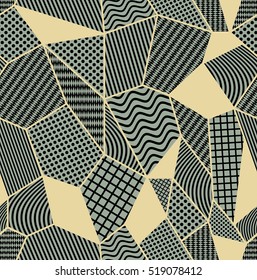 Olive green and beige tile with patchwork patterned elements. Composed from polygonal shapes with simple geometric patterns.