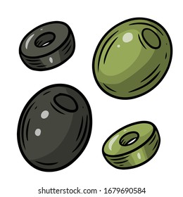 Olive green and black berry slice hand drawn vector illestration. Olives isolated on white background.