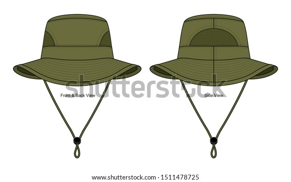 Vektor Stok Olive Green Bucket Hat Mesh 