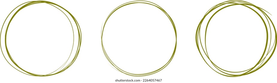 Olive green circle line hand drawn set. Highlight hand drawing circle on background. Round handwritten circle. For marking text, note, mark icon, number, marker pen, pencil and text check, vector