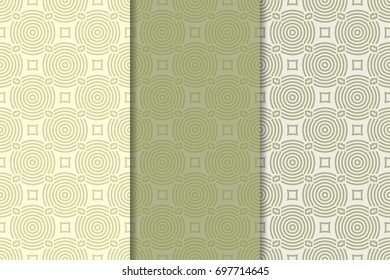 Olive green collection of geometric backgrounds. Abstract seamless patterns
