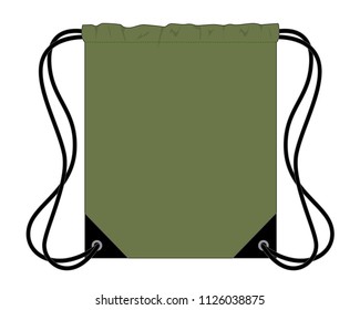 Olive Green Drawstring Bag With Black Rope Design On White Background, Flat Lay, Vector File.