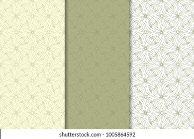Olive green floral backgrounds. Set of seamless patterns for textile and wallpapers