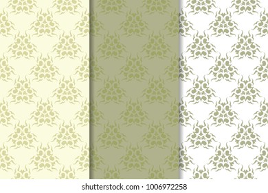 Olive green floral backgrounds. Set of seamless patterns for textile and wallpapers