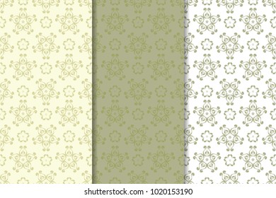 Olive green floral backgrounds. Set of seamless patterns for textile and wallpapers