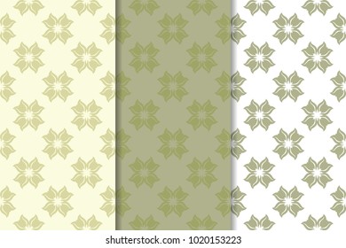 Olive green floral backgrounds. Set of seamless patterns for textile and wallpapers