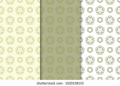 Olive green floral backgrounds. Set of seamless patterns for textile and wallpapers