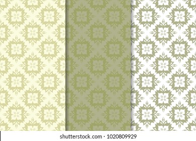 Olive green floral backgrounds. Set of seamless patterns for textile and wallpapers