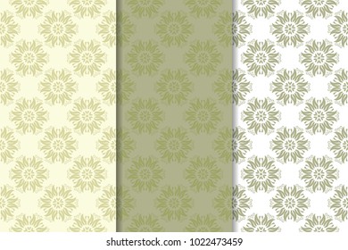 Olive green floral backgrounds. Set of seamless patterns for textile and wallpapers