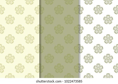 Olive green floral backgrounds. Set of seamless patterns for textile and wallpapers