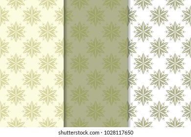 Olive green floral backgrounds. Set of seamless patterns for textile and wallpapers