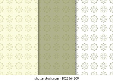 Olive green floral backgrounds. Set of seamless patterns for textile and wallpapers