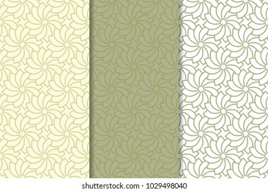 Olive green floral backgrounds. Set of seamless patterns for textile and wallpapers