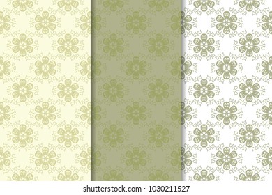 Olive green floral backgrounds. Set of seamless patterns for textile and wallpapers