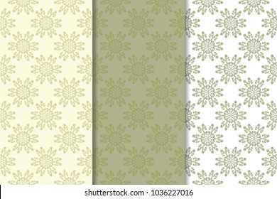Olive green floral backgrounds. Set of seamless patterns for textile and wallpapers