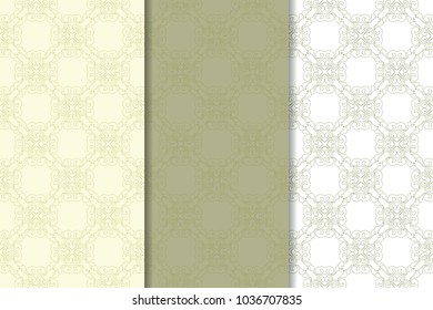 Olive green floral backgrounds. Set of seamless patterns for textile and wallpapers