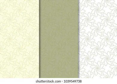 Olive green floral backgrounds. Set of seamless patterns for textile and wallpapers