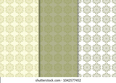 Olive green floral backgrounds. Set of seamless patterns for textile and wallpapers