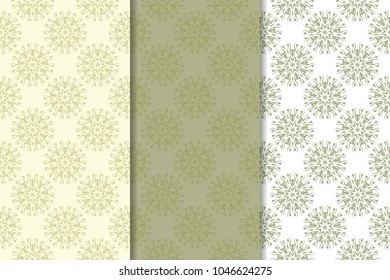 Olive green floral backgrounds. Set of seamless patterns for textile and wallpapers