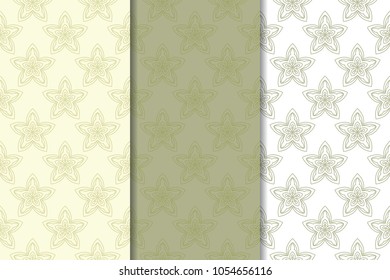 Olive green floral backgrounds. Set of seamless patterns for textile and wallpapers