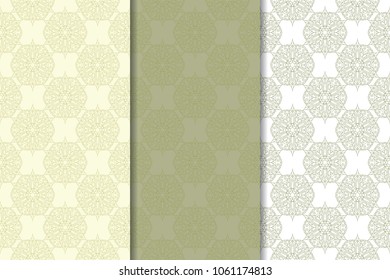 Olive green floral backgrounds. Set of seamless patterns for textile and wallpapers