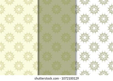 Olive green floral backgrounds. Set of seamless patterns for textile and wallpapers