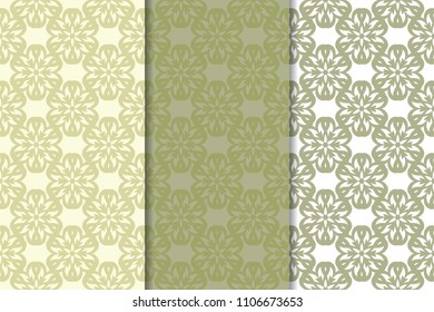 Olive green floral backgrounds. Set of seamless patterns for textile and wallpapers