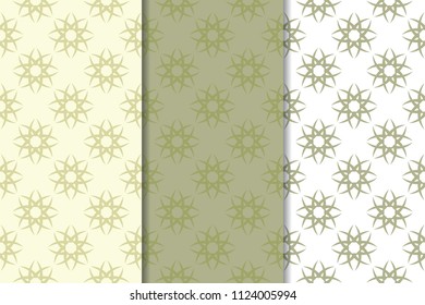 Olive green floral backgrounds. Set of seamless patterns for textile and wallpapers