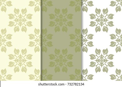 Olive green floral backgrounds. Set of seamless patterns for textile and wallpapers