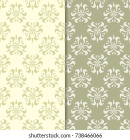 Olive green floral backgrounds. Set of seamless patterns for textile and wallpapers