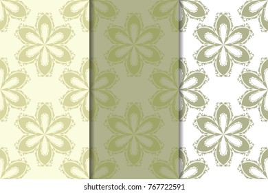 Olive green floral backgrounds. Set of seamless patterns for textile and wallpapers