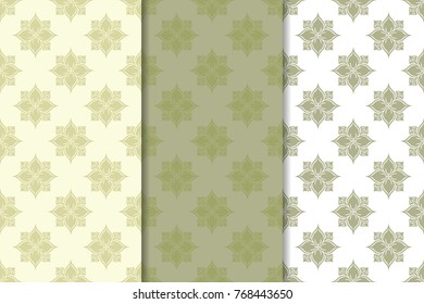 Olive green floral backgrounds. Set of seamless patterns for textile and wallpapers