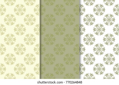 Olive green floral backgrounds. Set of seamless patterns for textile and wallpapers