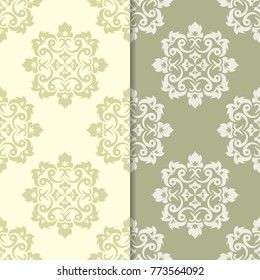 Olive green floral backgrounds. Set of seamless patterns for textile and wallpapers