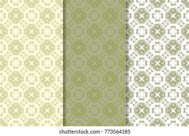 Olive green floral backgrounds. Set of seamless patterns for textile and wallpapers