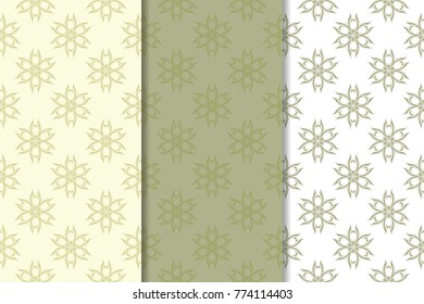Olive green floral backgrounds. Set of seamless patterns for textile and wallpapers