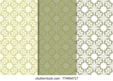 Olive green floral backgrounds. Set of seamless patterns for textile and wallpapers