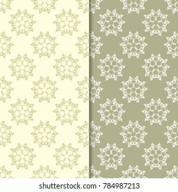 Olive green floral backgrounds. Set of seamless patterns for textile and wallpapers