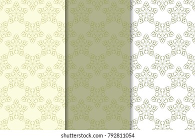 Olive green floral backgrounds. Set of seamless patterns for textile and wallpapers