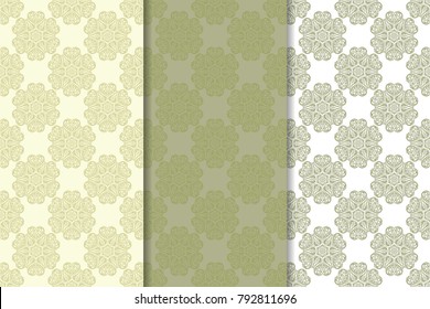 Olive green floral backgrounds. Set of seamless patterns for textile and wallpapers