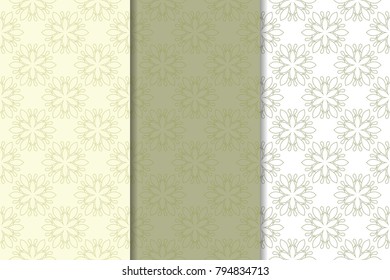 Olive green floral backgrounds. Set of seamless patterns for textile and wallpapers