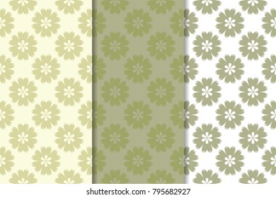 Olive green floral backgrounds. Set of seamless patterns for textile and wallpapers